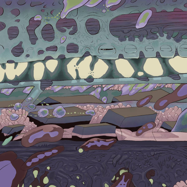 Layers of squished organic material, rendered in pastels. Globuls float around. The size could be micro or macro